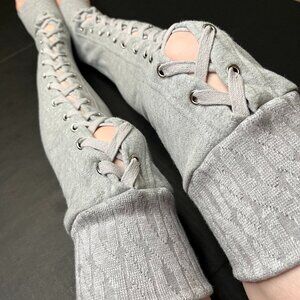 Corset Leg Warmers Gray Cotton Lace Up Knee Socks Warm Sweatshirt Leggings Knit